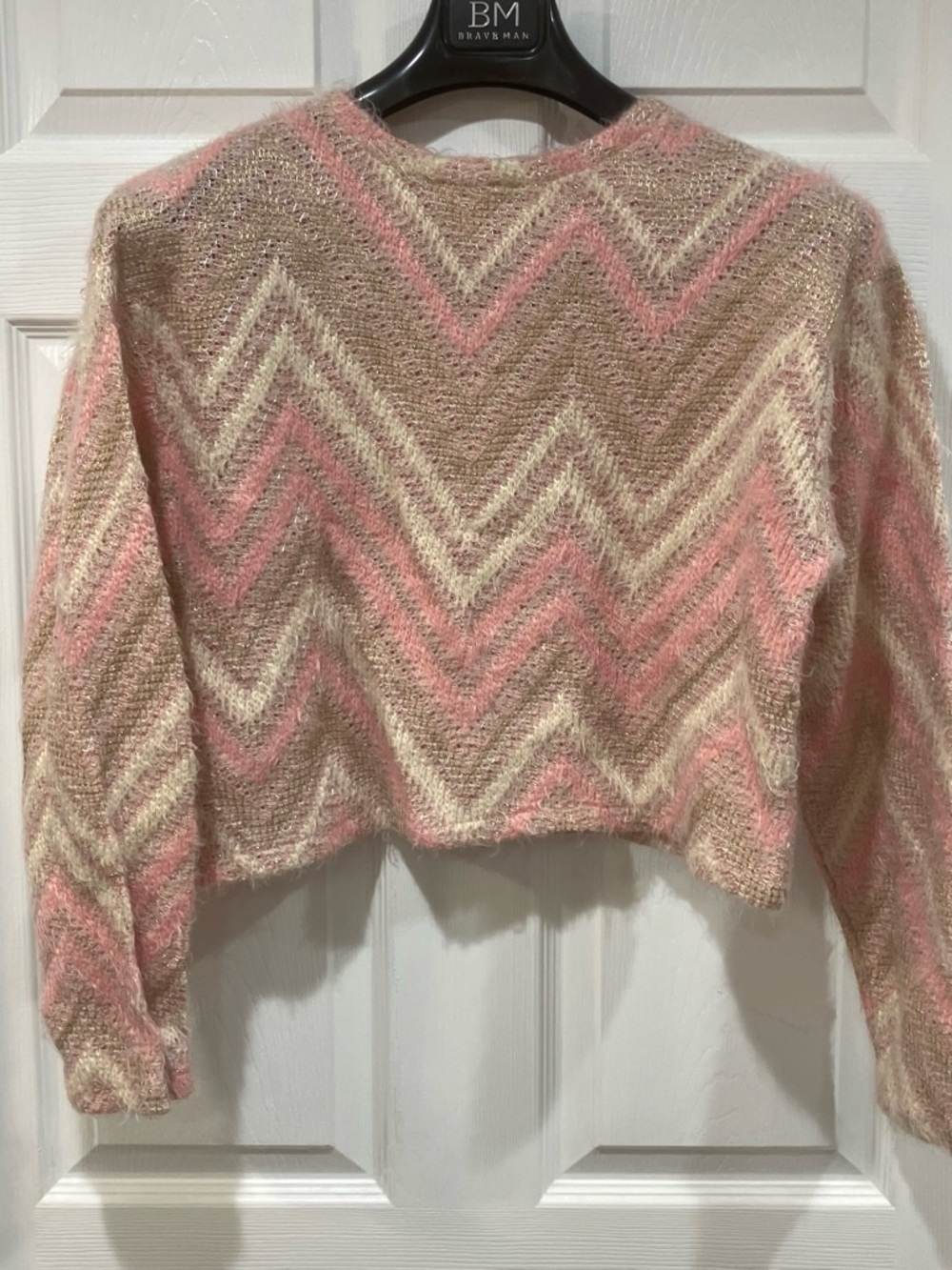 Zara Pink Cream Tan Chevron Cropped Sweater